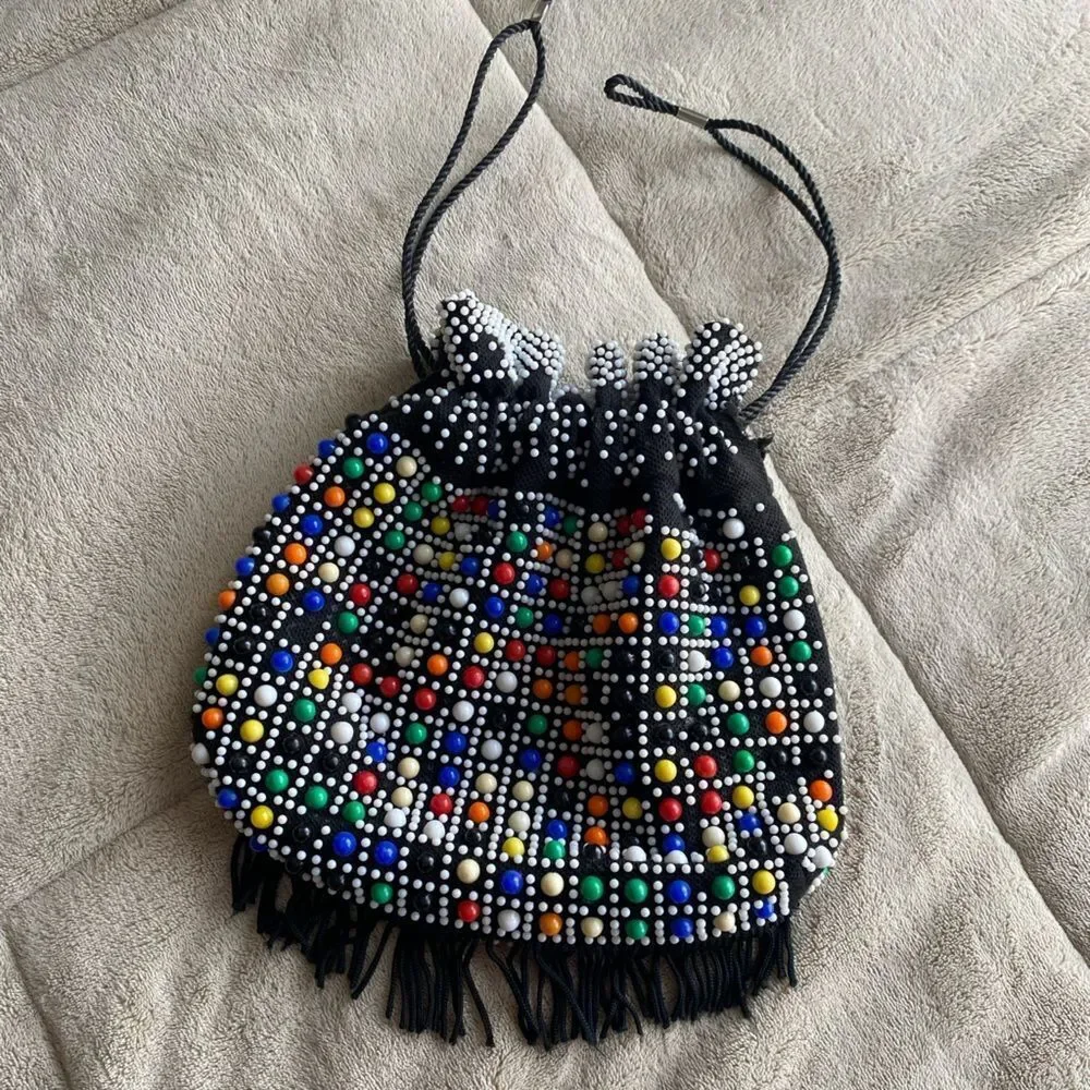 Vintage Colorful Beaded Black Drawstring Bag - 1970s Bingo Bag
